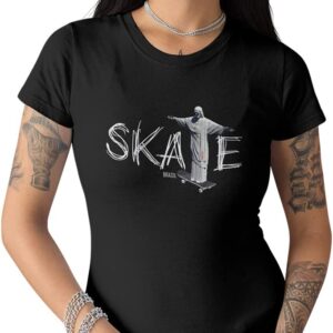 Camiseta Feminina Skate Sk8 Cristo Redentor Rio J Baby Look Tamanho:P;Cor:Preto