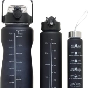 Kit 3 Garrafa de Água Motivacional Garrafa Squeeze 2 Litros Com Canudo, Alça e Tampa Antivazamento (Preto)